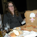 Lynne and Flat Isabella enjoy pizza